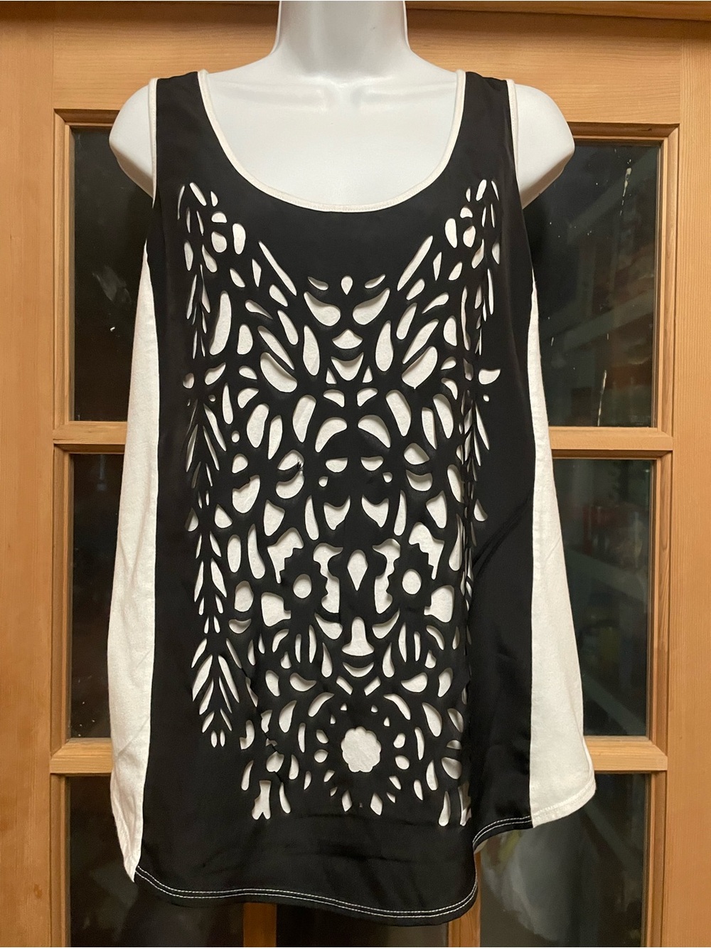 Anne Klein Black and White Laser-Cut Scoop Neck Tank
